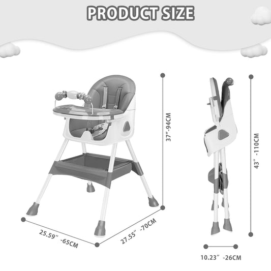 Foldable Baby Highchair, with Anti-slip Pad & Toy Rack