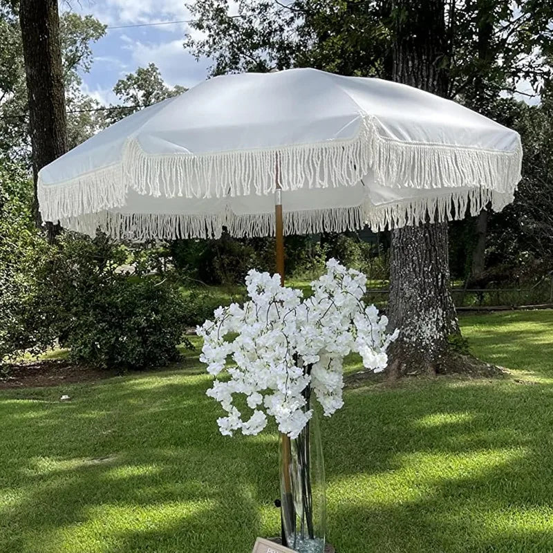 7ft Patio Fringe Tassel Umbrella, Push Button Tilt