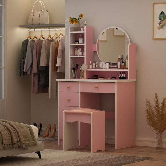 Vanity Set with Mirror, Drawers & Cushioned Stool