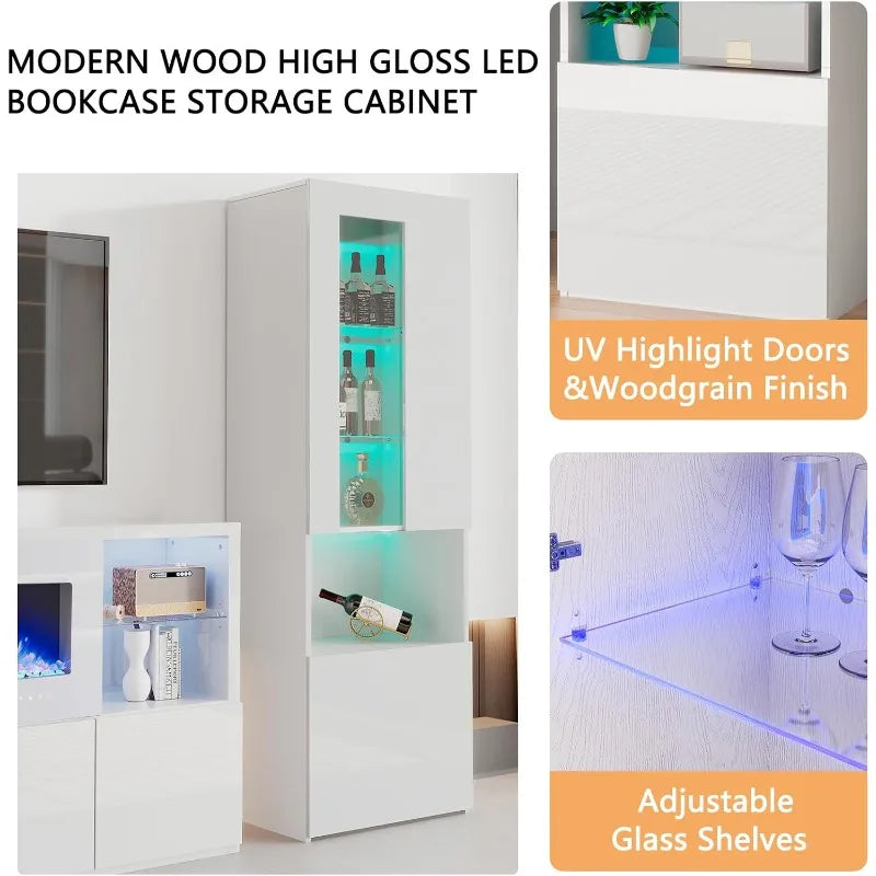 3 Piece Modern High Gloss Fireplace TV Stand + Bookcase Set