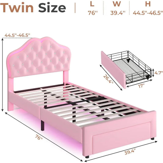 Girl Upholstered Platform Bed with Storage Drawer & LED Lights