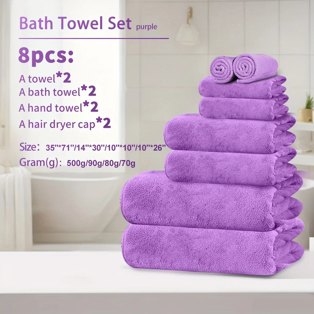 4pcs Ultra Soft Coral Fleece Bath Towel Set (One Extra Large Bath Towel, One Washcloth, One Hand Towel, One Hair Drying Cap) - Q