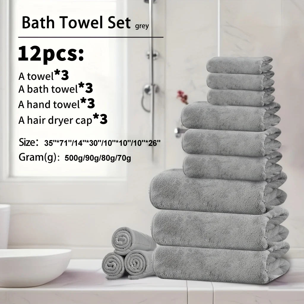 4pcs Ultra Soft Coral Fleece Bath Towel Set (One Extra Large Bath Towel, One Washcloth, One Hand Towel, One Hair Drying Cap) - Q