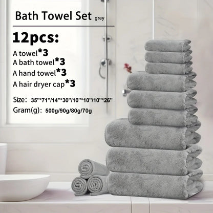 4pcs Ultra Soft Coral Fleece Bath Towel Set (One Extra Large Bath Towel, One Washcloth, One Hand Towel, One Hair Drying Cap) - Q