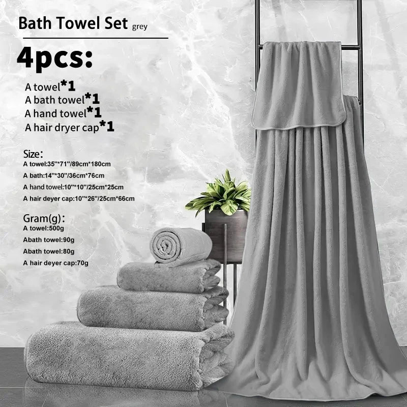 4pcs Ultra Soft Coral Fleece Bath Towel Set (One Extra Large Bath Towel, One Washcloth, One Hand Towel, One Hair Drying Cap) - Q