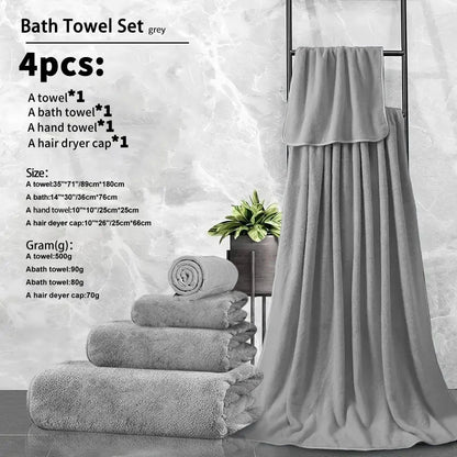 4pcs Ultra Soft Coral Fleece Bath Towel Set (One Extra Large Bath Towel, One Washcloth, One Hand Towel, One Hair Drying Cap) - Q