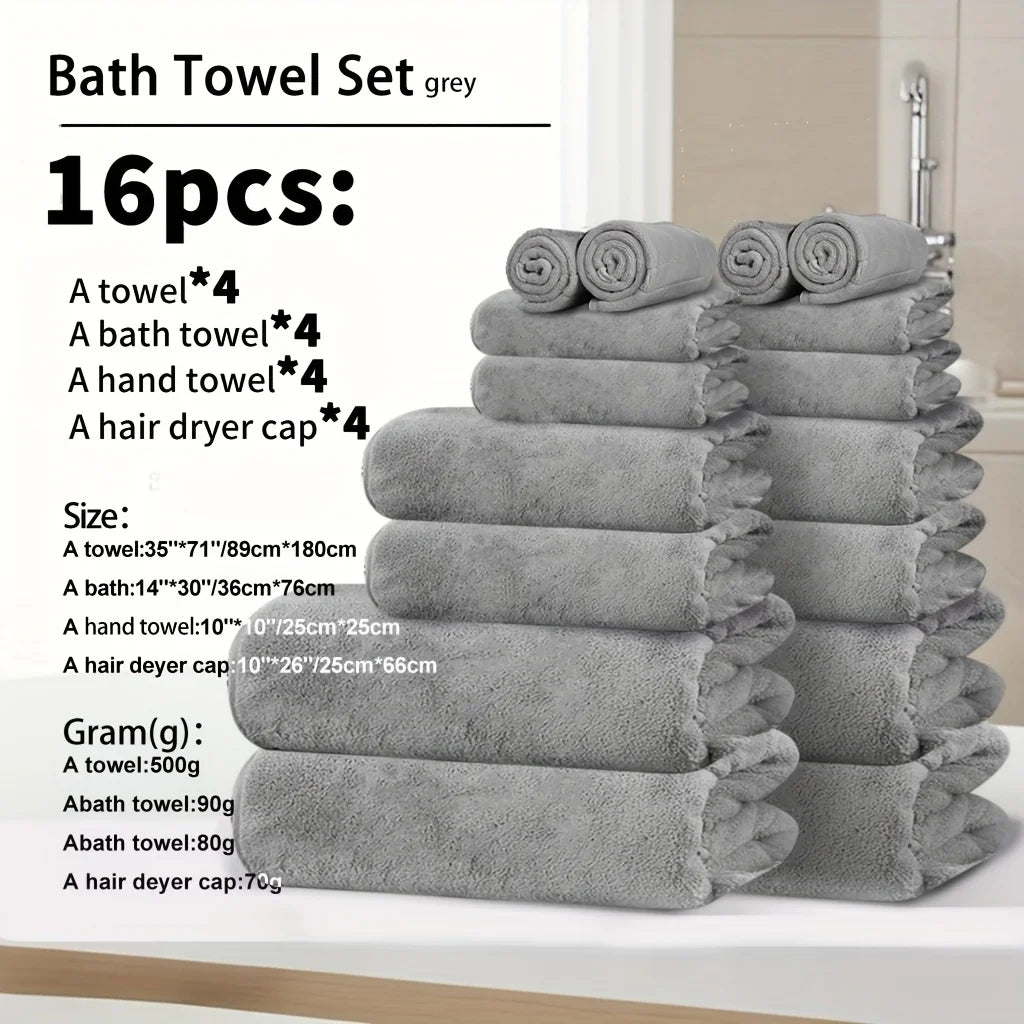 4pcs Ultra Soft Coral Fleece Bath Towel Set (One Extra Large Bath Towel, One Washcloth, One Hand Towel, One Hair Drying Cap) - Q