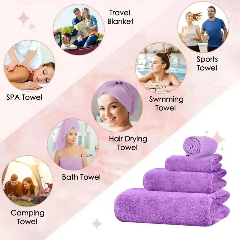 4pcs Ultra Soft Coral Fleece Bath Towel Set (One Extra Large Bath Towel, One Washcloth, One Hand Towel, One Hair Drying Cap) - Q
