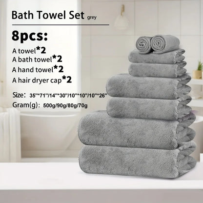 4pcs Ultra Soft Coral Fleece Bath Towel Set (One Extra Large Bath Towel, One Washcloth, One Hand Towel, One Hair Drying Cap) - Q