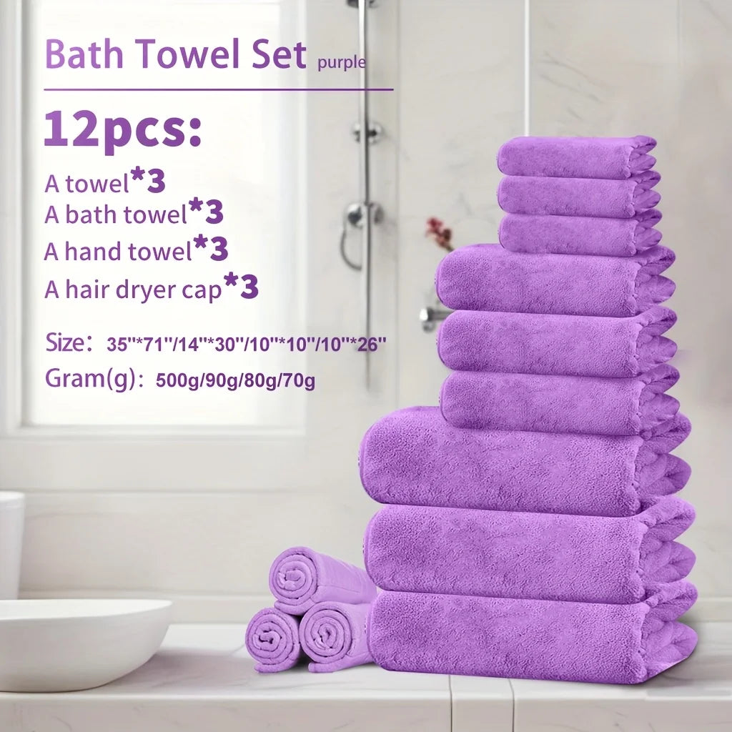 4pcs Ultra Soft Coral Fleece Bath Towel Set (One Extra Large Bath Towel, One Washcloth, One Hand Towel, One Hair Drying Cap) - Q