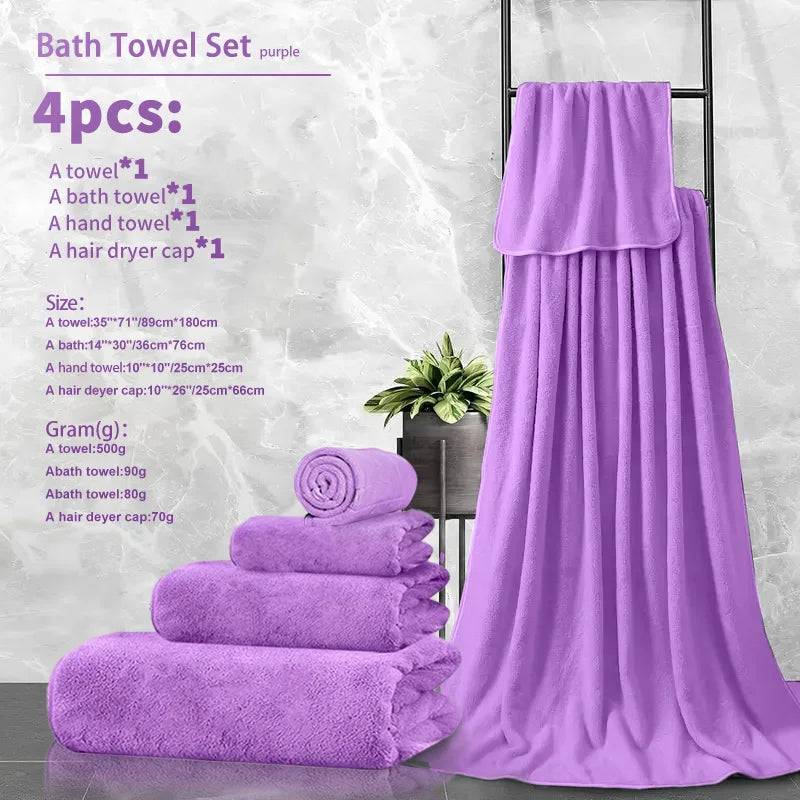 4pcs Ultra Soft Coral Fleece Bath Towel Set (One Extra Large Bath Towel, One Washcloth, One Hand Towel, One Hair Drying Cap) - Q