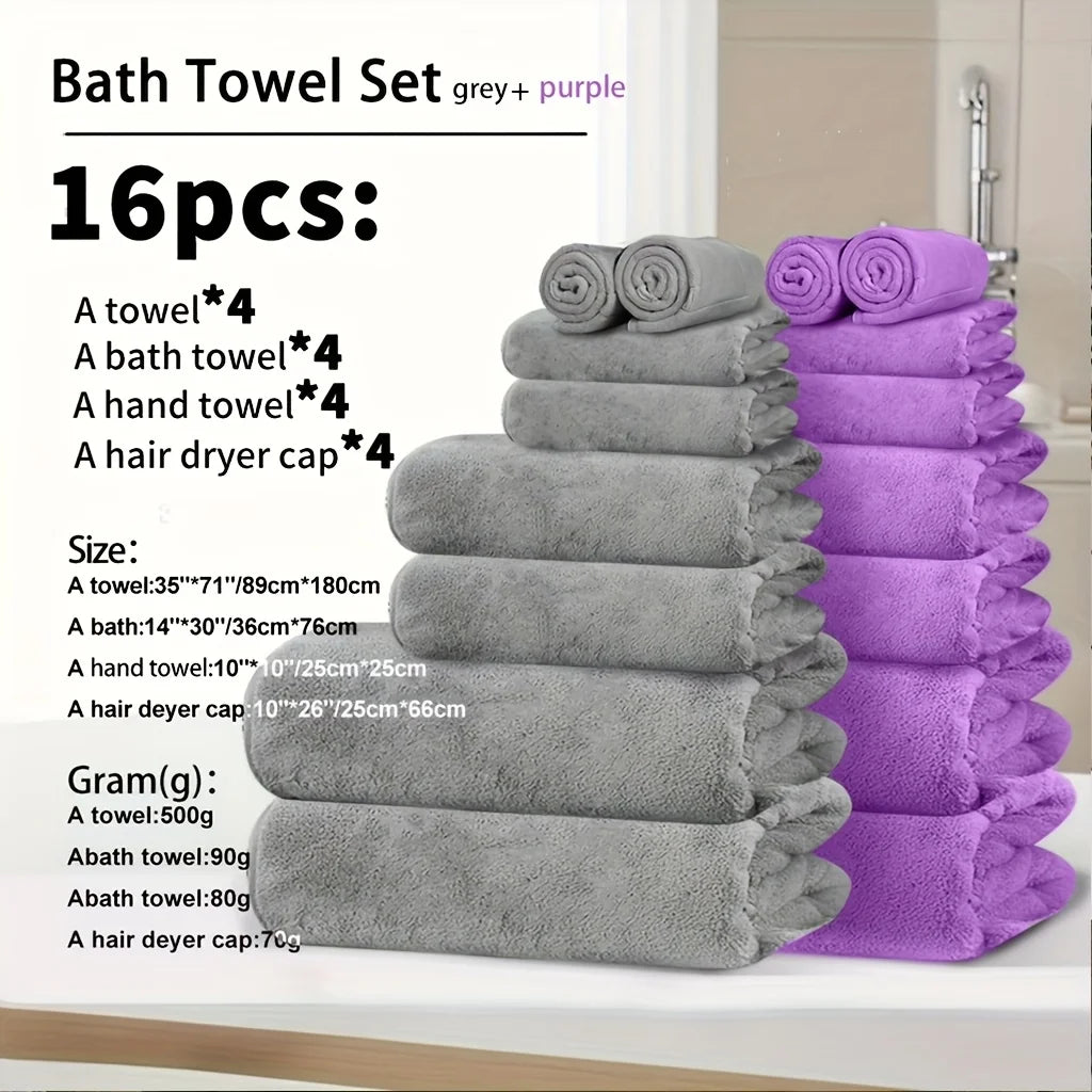 4pcs Ultra Soft Coral Fleece Bath Towel Set (One Extra Large Bath Towel, One Washcloth, One Hand Towel, One Hair Drying Cap) - Q