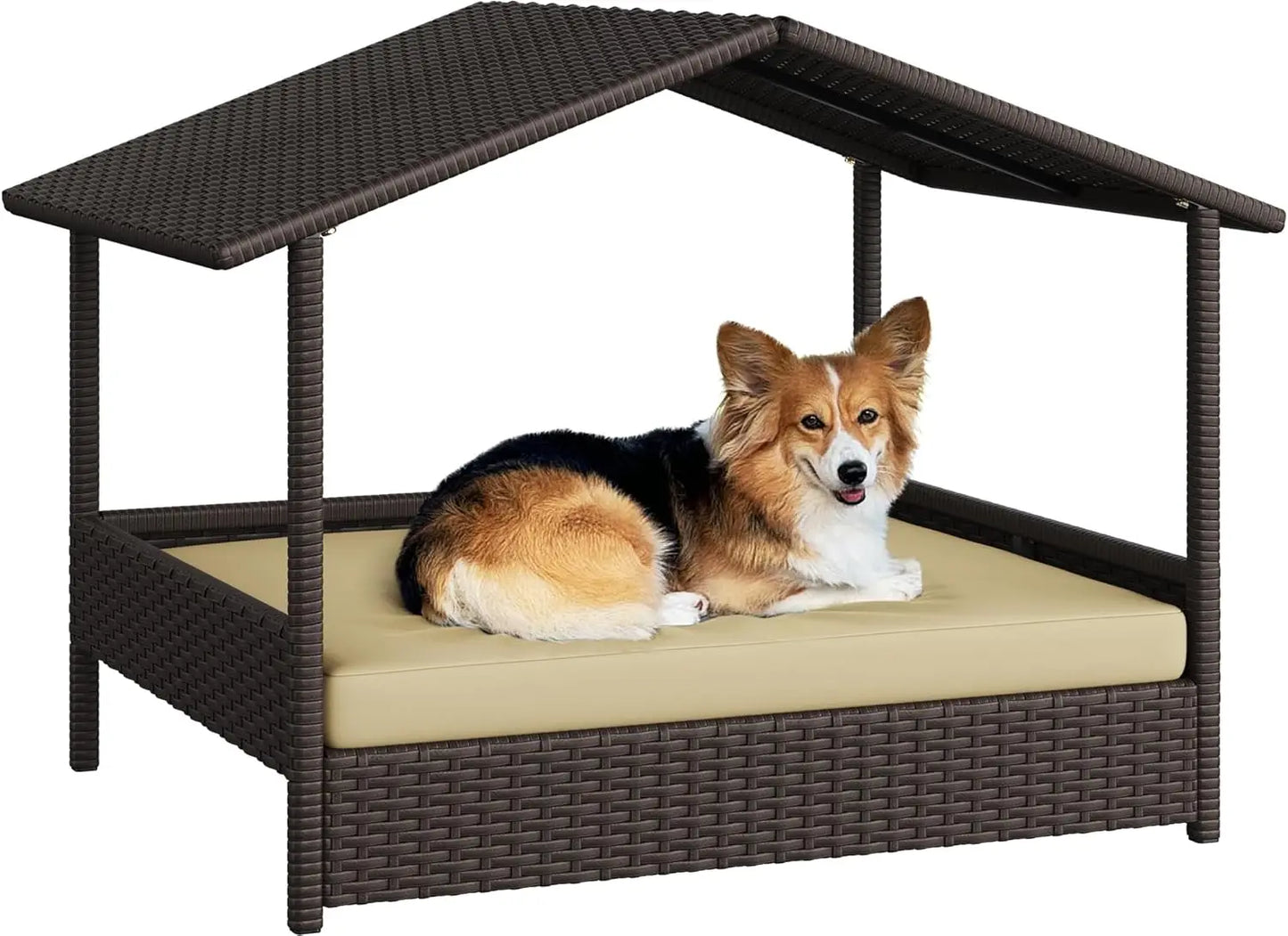 Elevated Wicker Doghouse with Canopy & Cushion
