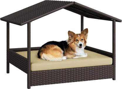 Elevated Wicker Doghouse with Canopy & Cushion