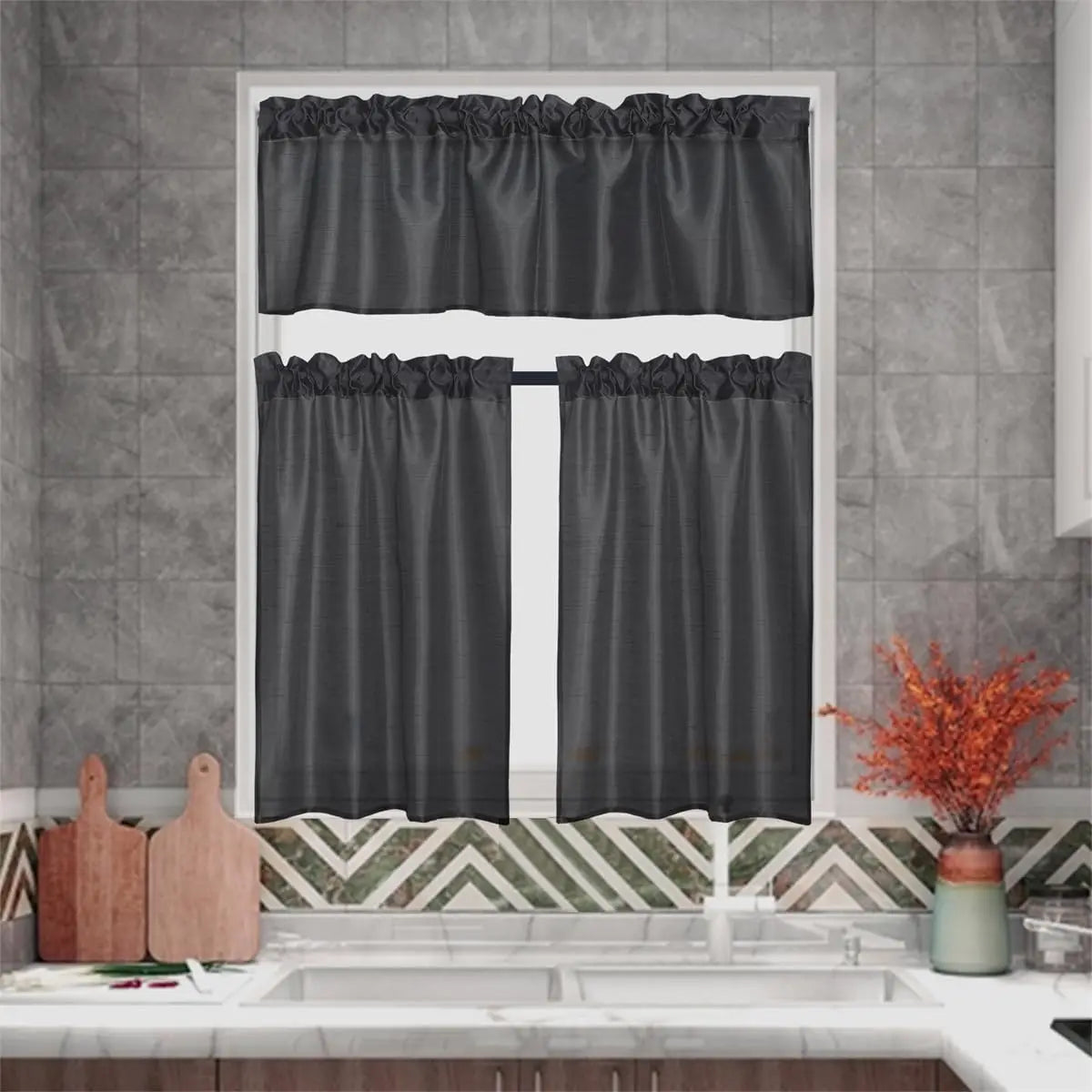 Faux Silk Sheer Curtains 2 Tiers 1 Valance