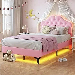 Girl Upholstered Platform Bed with Storage Drawer & LED Lights