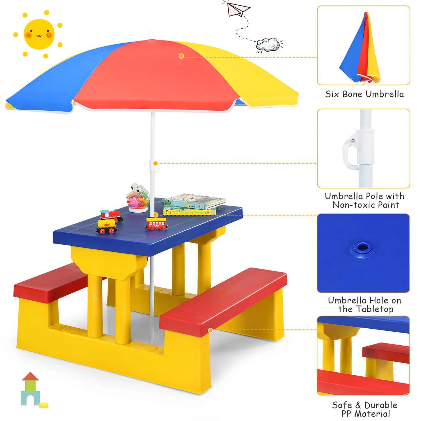 Kids Picnic Table Set W/Removable Umbrella