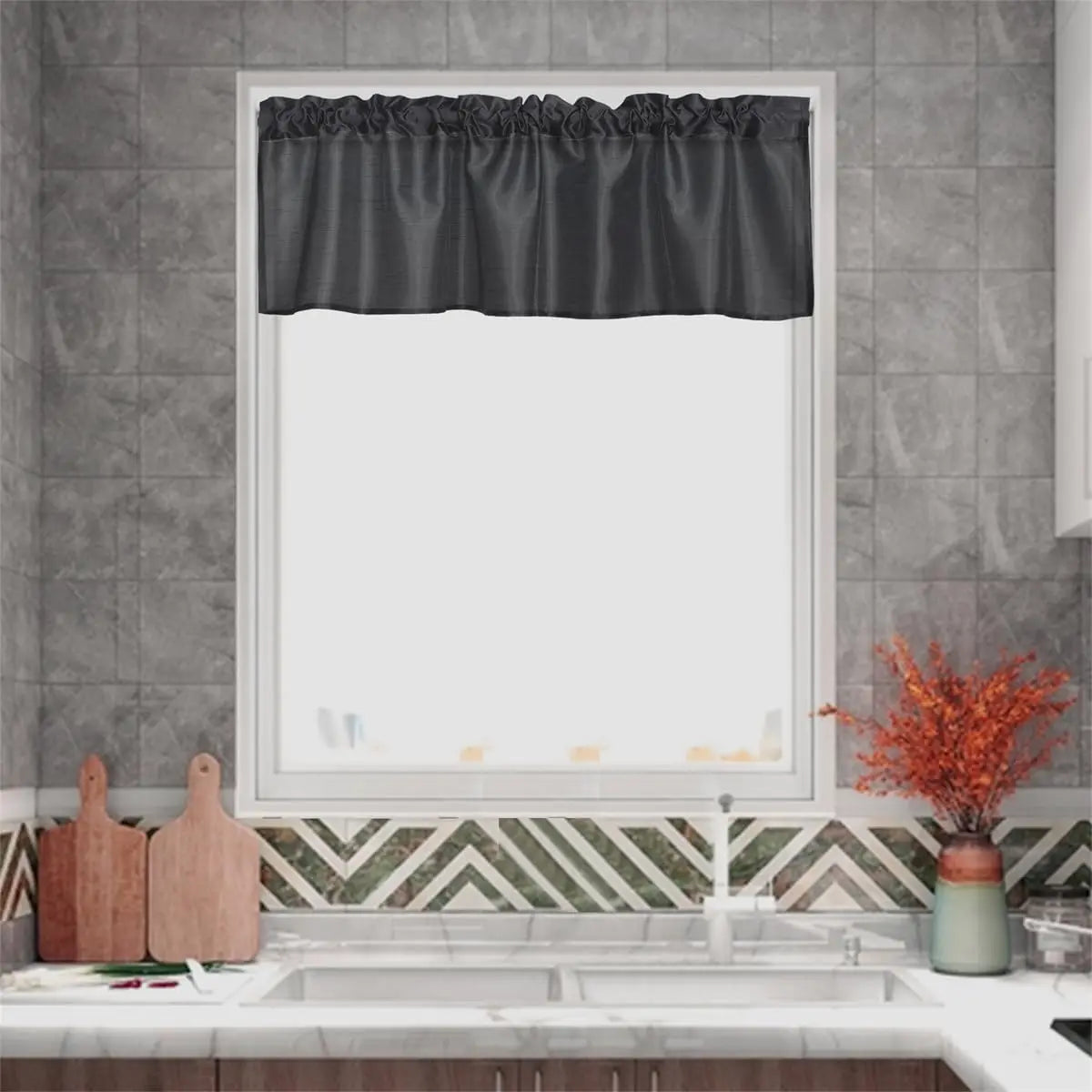 Faux Silk Sheer Curtains 2 Tiers 1 Valance