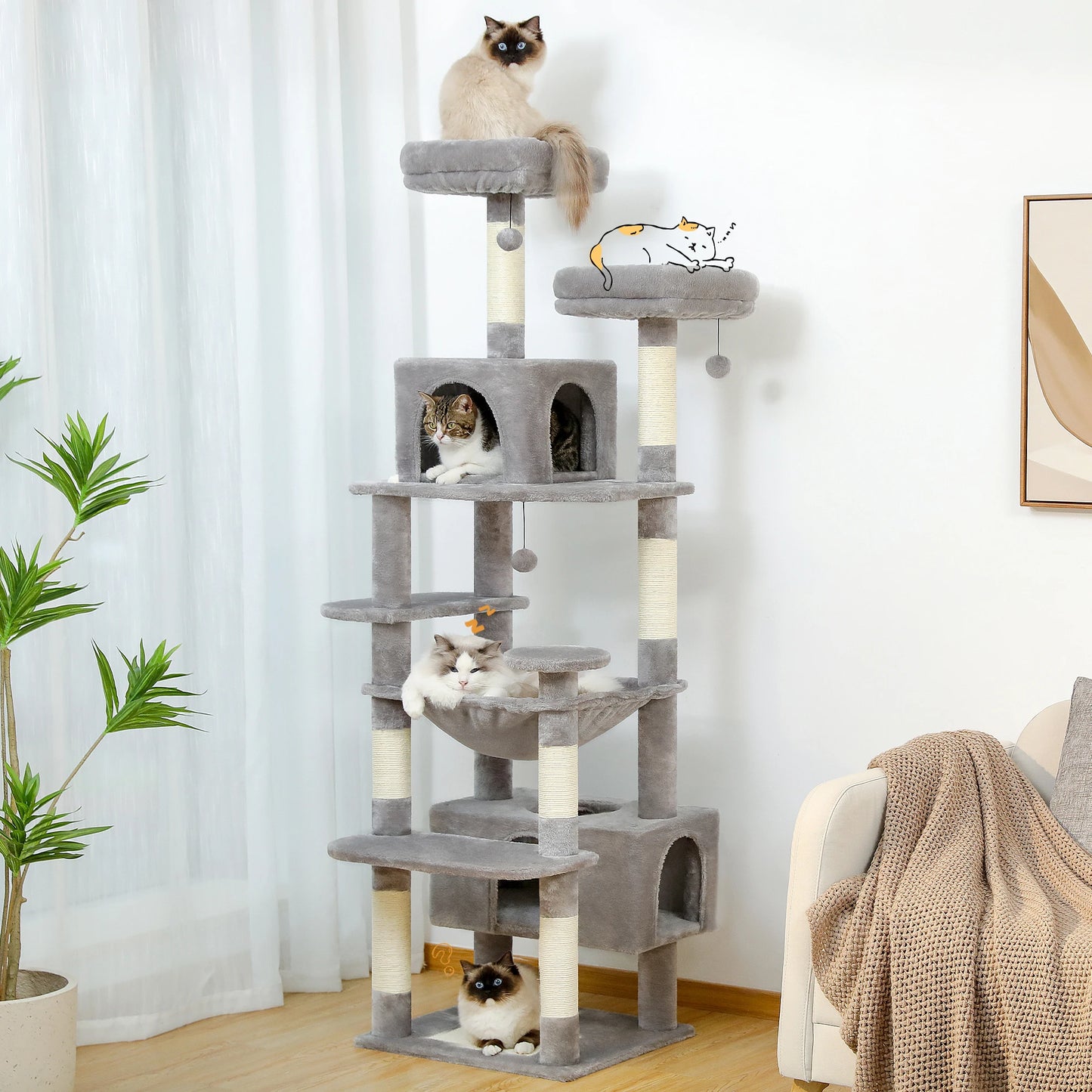 Large Cat Tower with Scratching Posts & Spacious Padded Perches