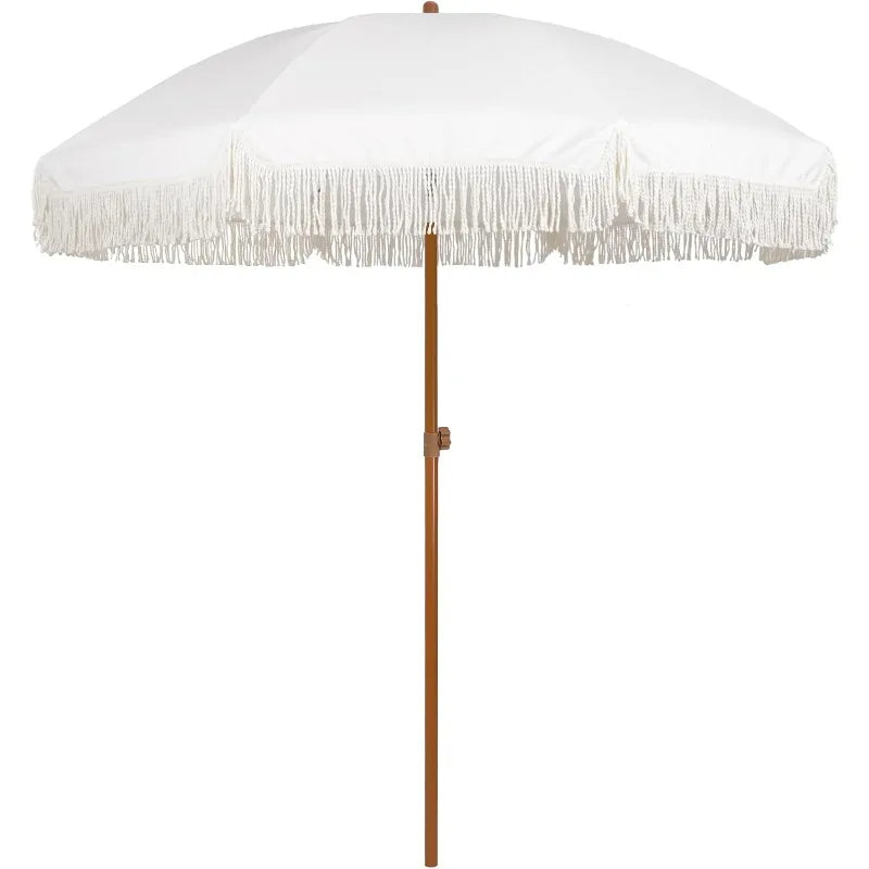 7ft Patio Fringe Tassel Umbrella, Push Button Tilt