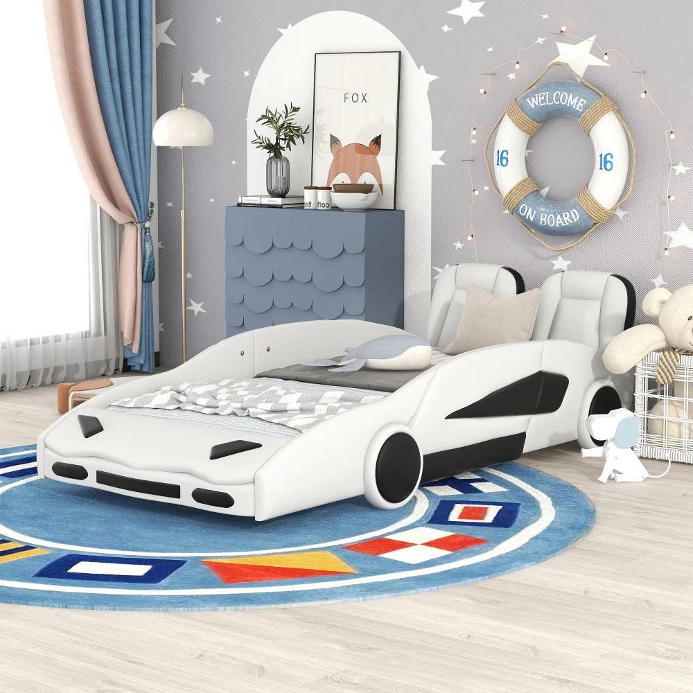 Race Car-Shaped Platform Bed with Wheels