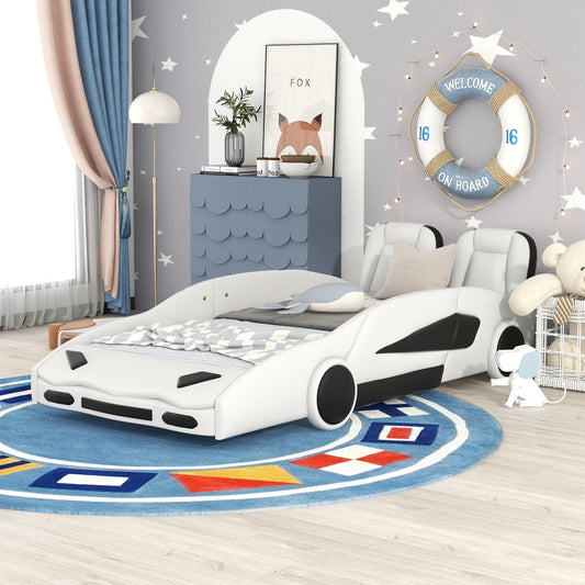 Race Car-Shaped Platform Bed with Wheels