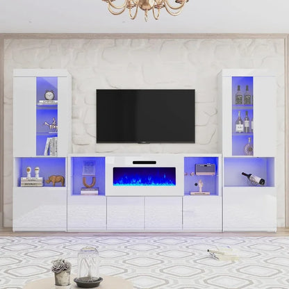 3 Piece Modern High Gloss Fireplace TV Stand + Bookcase Set