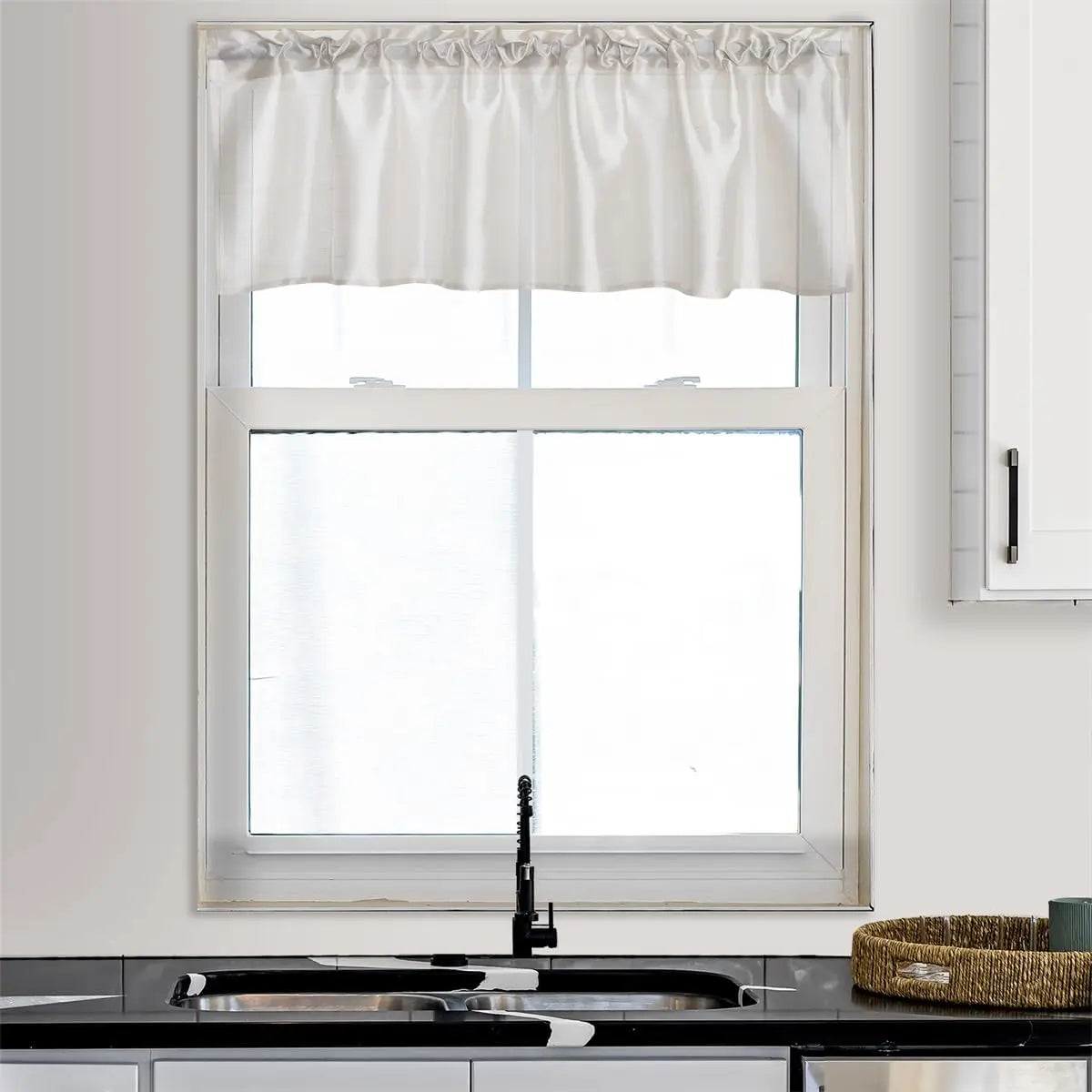 Faux Silk Sheer Curtains 2 Tiers 1 Valance