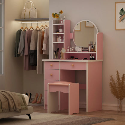 Vanity Set with Mirror, Drawers & Cushioned Stool