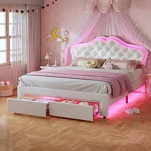 Girl Upholstered Platform Bed with Storage Drawer & LED Lights