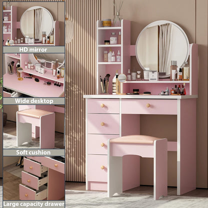 Vanity Set with Mirror, Drawers & Cushioned Stool