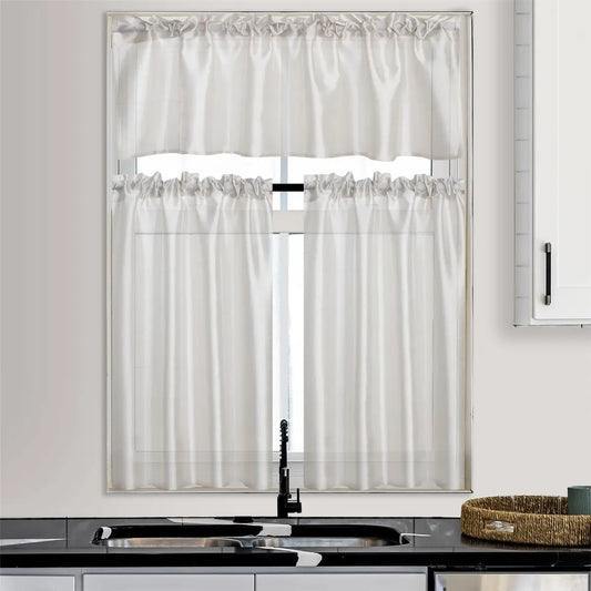 Faux Silk Sheer Curtains 2 Tiers 1 Valance