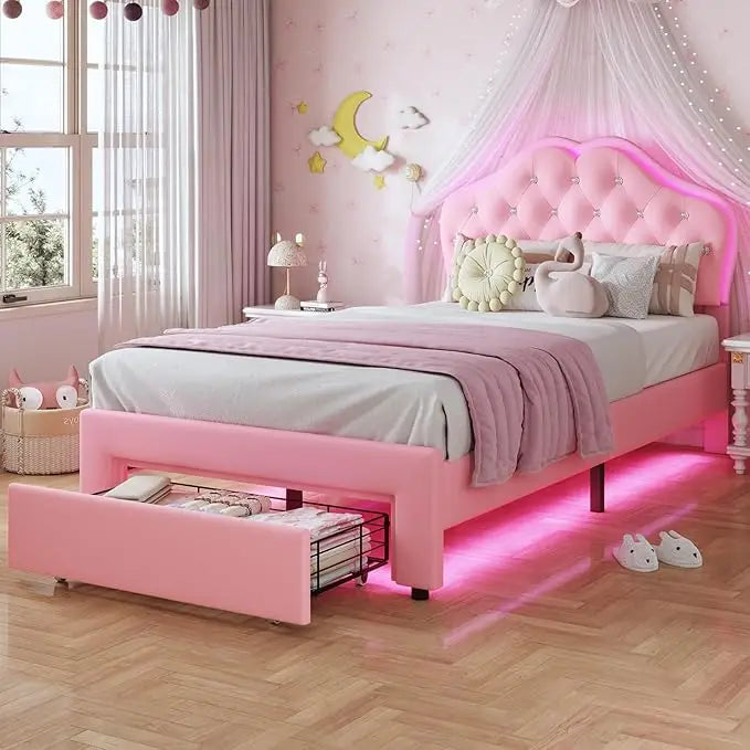 Girl Upholstered Platform Bed with Storage Drawer & LED Lights