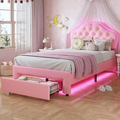 Girl Upholstered Platform Bed with Storage Drawer & LED Lights