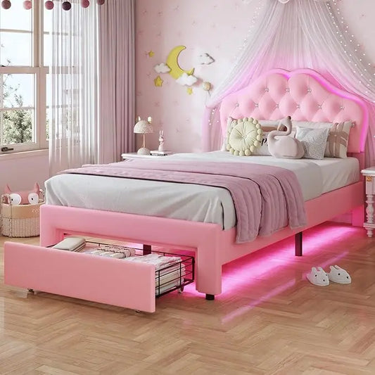 Girl Upholstered Platform Bed with Storage Drawer & LED Lights