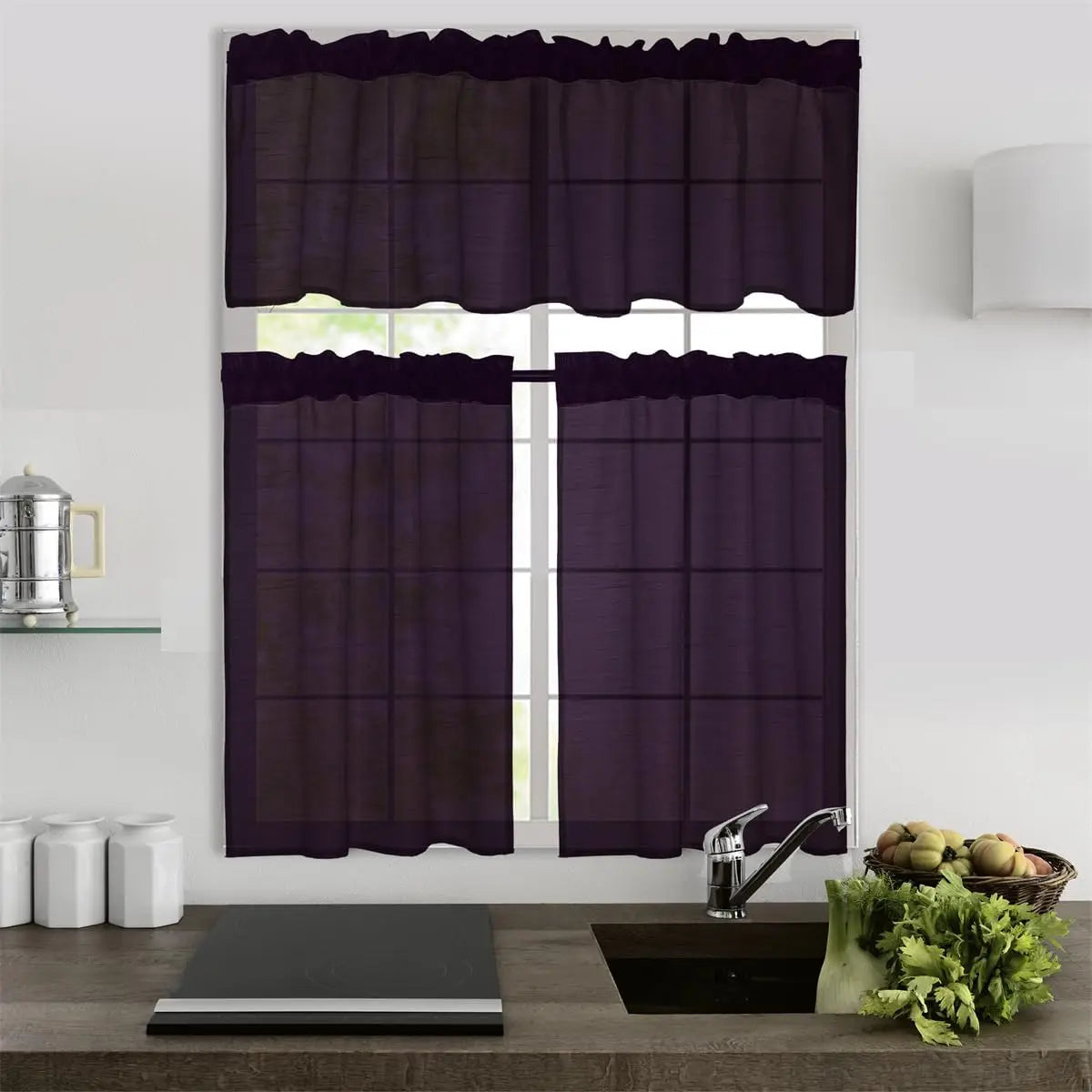 Faux Silk Sheer Curtains 2 Tiers 1 Valance