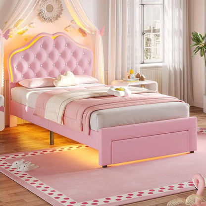 Girl Upholstered Platform Bed with Storage Drawer & LED Lights