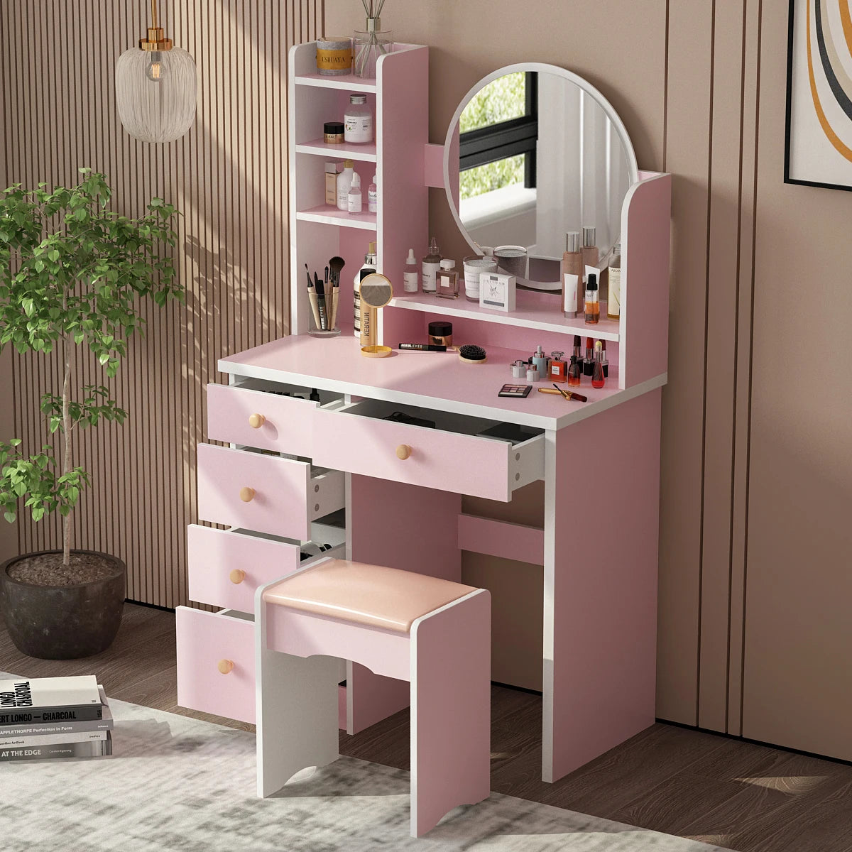Vanity Set with Mirror, Drawers & Cushioned Stool