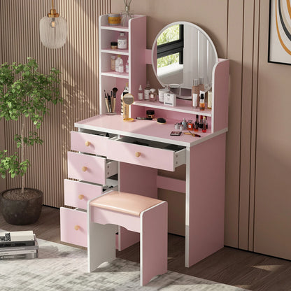 Vanity Set with Mirror, Drawers & Cushioned Stool