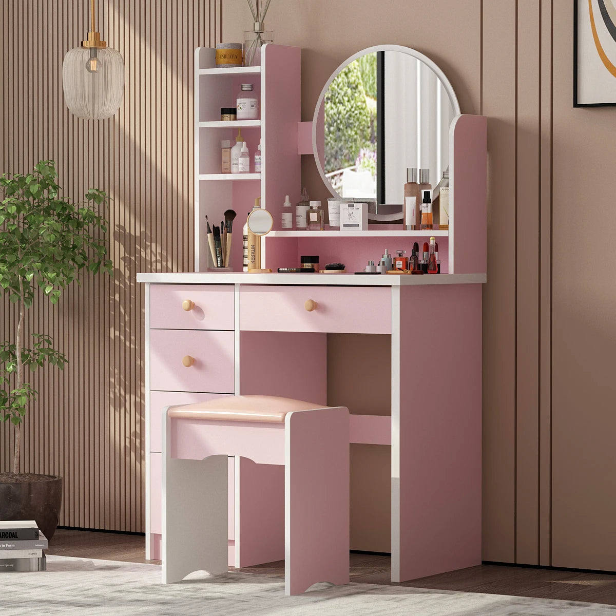 Vanity Set with Mirror, Drawers & Cushioned Stool