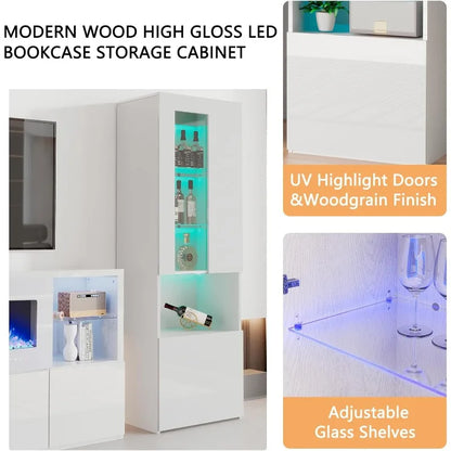 3 Piece Modern High Gloss Fireplace TV Stand + Bookcase Set