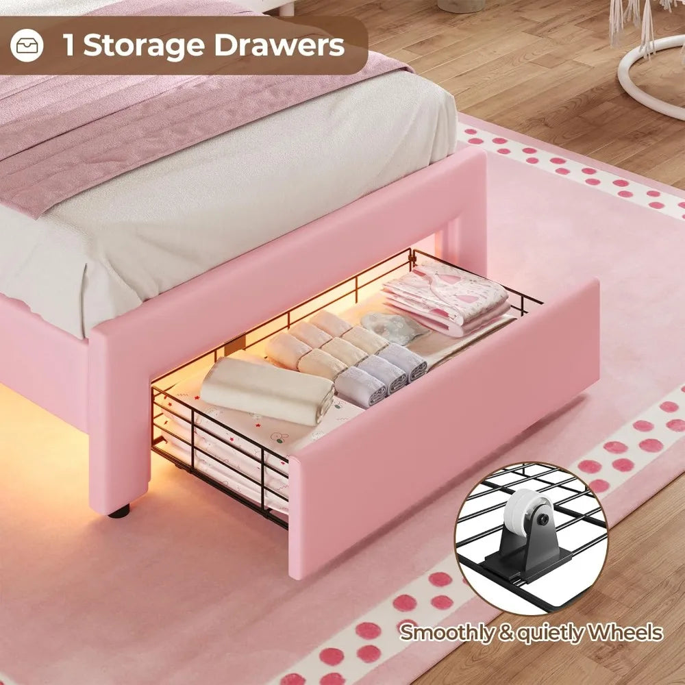 Girl Upholstered Platform Bed with Storage Drawer & LED Lights
