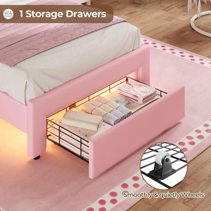 Girl Upholstered Platform Bed with Storage Drawer & LED Lights