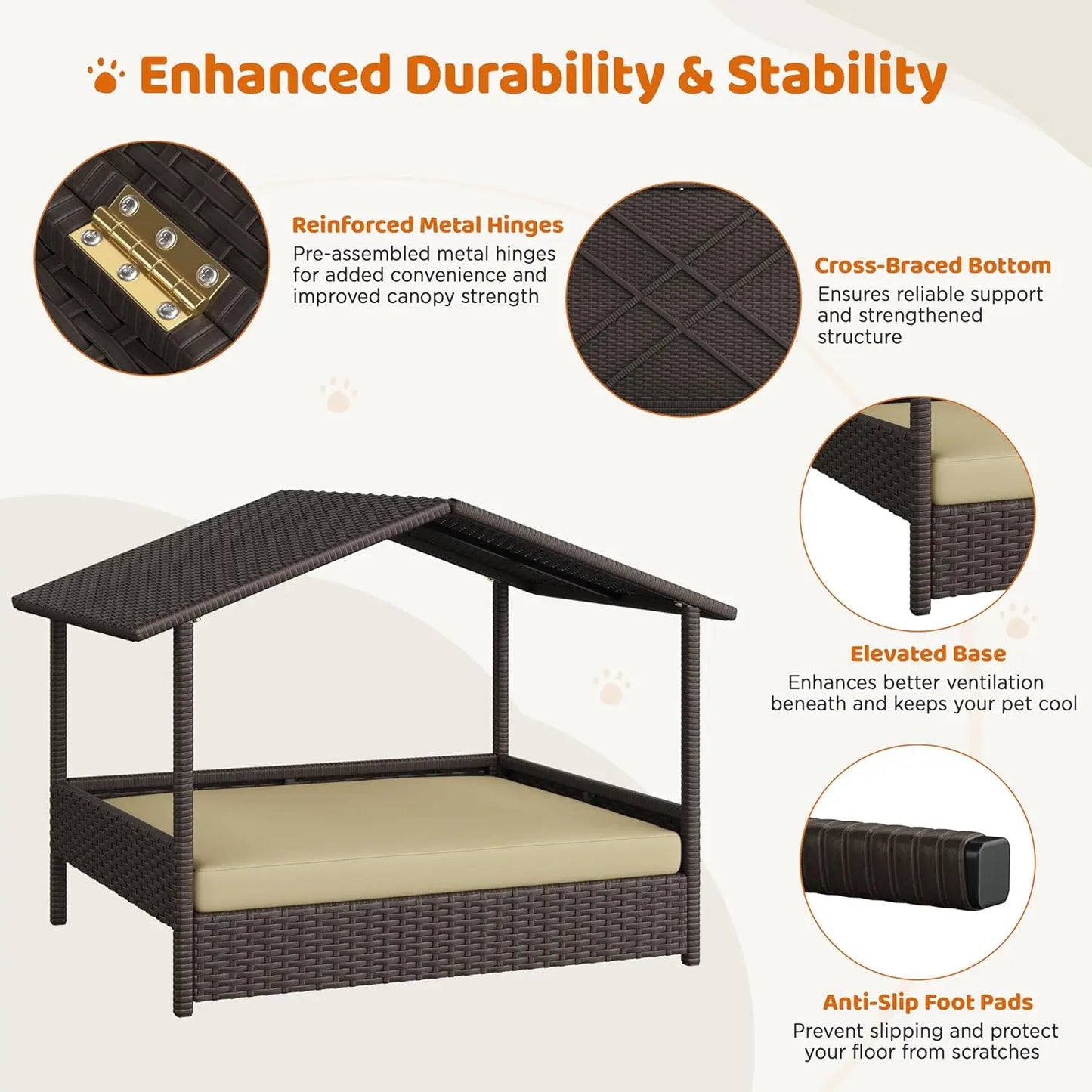 Elevated Wicker Doghouse with Canopy & Cushion