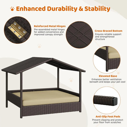 Elevated Wicker Doghouse with Canopy & Cushion