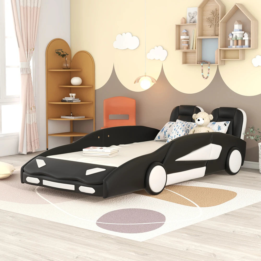 Race Car-Shaped Platform Bed with Wheels