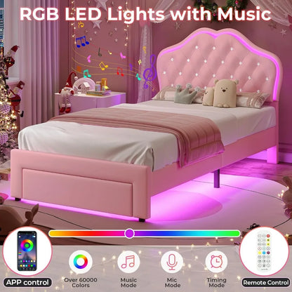 Girl Upholstered Platform Bed with Storage Drawer & LED Lights