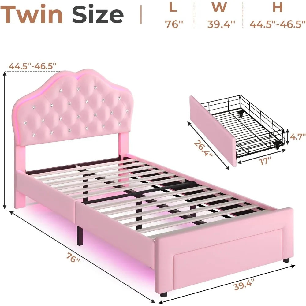 Girl Upholstered Platform Bed with Storage Drawer & LED Lights