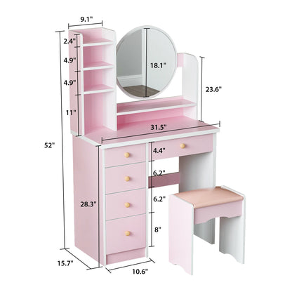 Vanity Set with Mirror, Drawers & Cushioned Stool