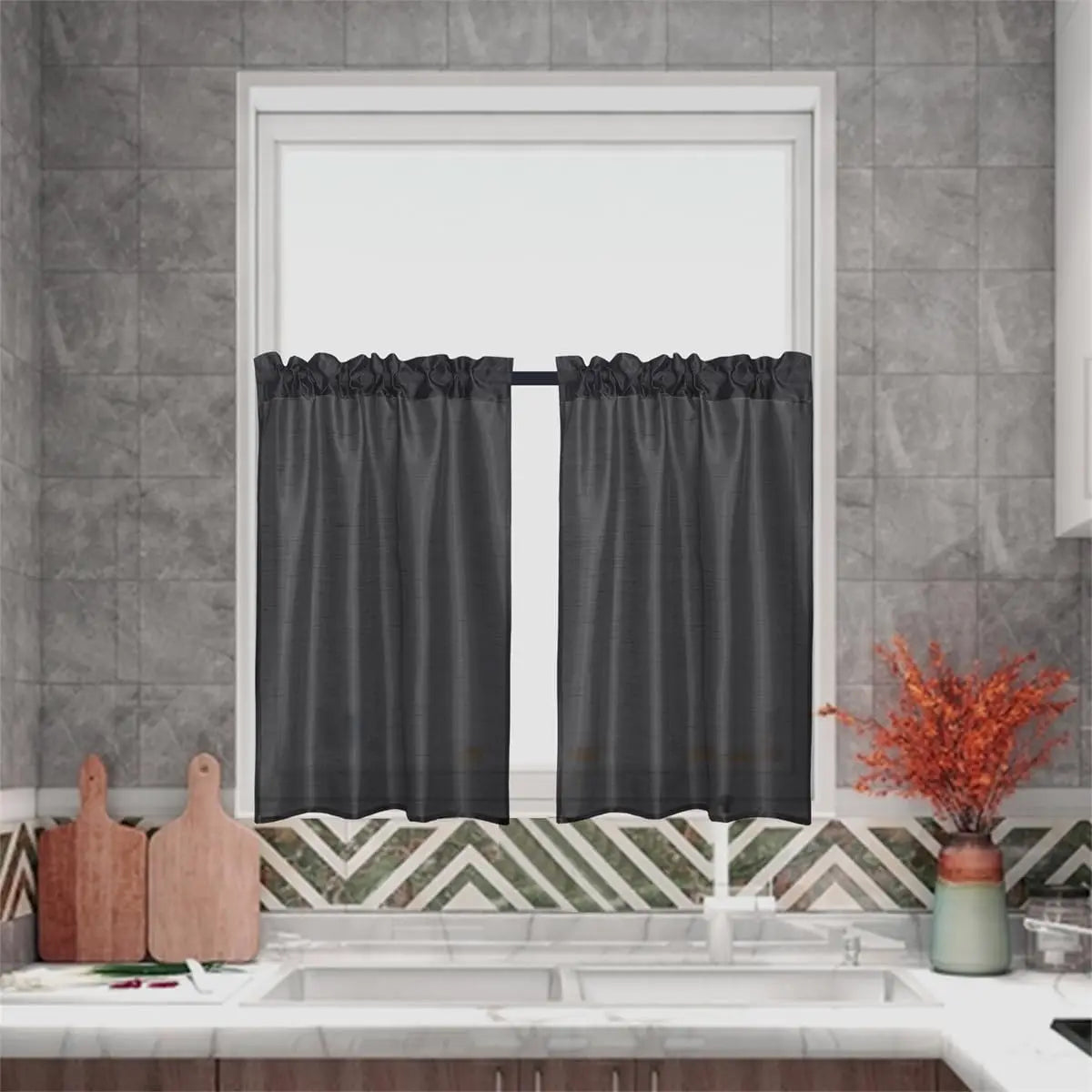 Faux Silk Sheer Curtains 2 Tiers 1 Valance